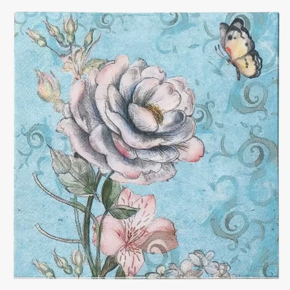 Floral Rose on Blue Luncheon Paper Napkins, 20 ct